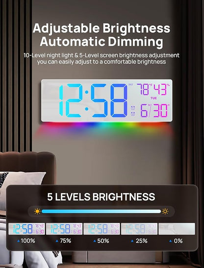 18.5" Large Digital Wall Clock with Remote Control, Big LED Display Digital Clocks with Night Light, Alarm, Countdown, DST, Temp, Date for Living Room, Bedroom, Office, Gift for Seniors(White)