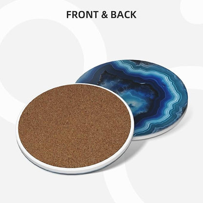 6 Pcs Ceramic Coasters with Holder Absorbent Drink Round Blue Agate Geode Print Design for Home Table Coffee Cup Wine Beer Bar,Size 4.4 inches