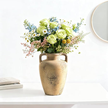 Ceramic Vintage Vases for Flower, 8.85 inch Rustic Vase with Handle, Tall Terracotta Christmas Farmhouse Vase for Home Decor, Living Room Shelf Decor, Enterway, Table, Lyeec