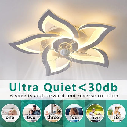 HuixuTe Ceiling Fan with Lights Remote Control, 3 Colors, 6 Speeds, 24" Geometric Bladeless Ceiling Fan, White Low Profile Ceiling Fan with Light for Kitchen Bedroom