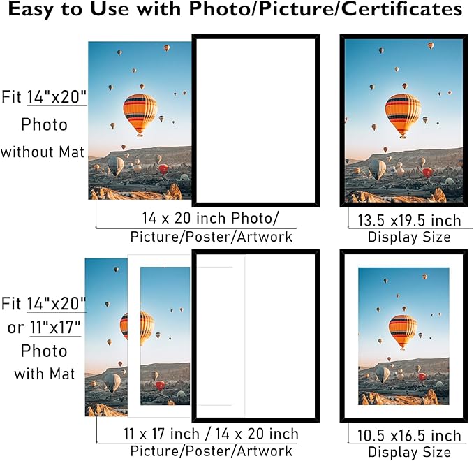 14x20 Picture Frame Set of 2 with 11x17 Mat, Display Photo 11x17 with Mat or 14 x 20 Without Mat, Wall Hanging Large 14 by 20 Poster Frame with Plexiglass, 2 Pack, Black