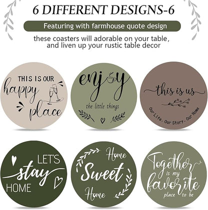 Queekay Coasters Set of 6 House Warming Gifts New Home Wooden Farmhouse Drink Coasters with Holder 4'' Funny Decoration for Kitchen Family Coffee Bar Tabletop Protection(Green)