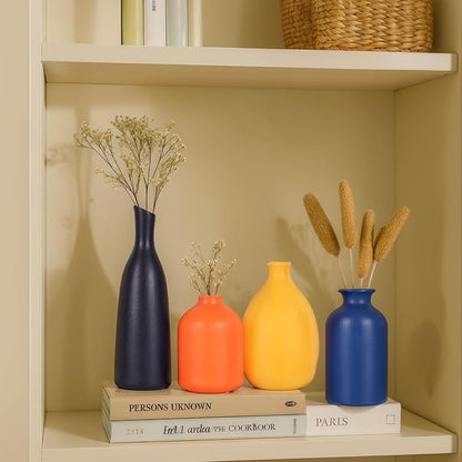 Ceramic Bud Vases Set of 4, Minimalism Style Vases for Rustic Home Decor, Black Yellow Orange Blue Vase, Multi-Color Ceramic Decorative Vases for Modern Home Decor, Floral Arrangements, Centerpieces