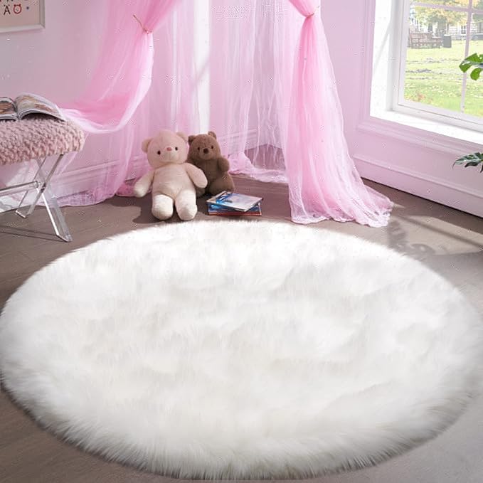 Tangsoo White Round Faux Fur Rugs, Sheepskin Round 3ft Soft Small Circle Rugs, 3x3 Fuzzy Plush Fur Rug, Shag Circular Rug Floor Carpet for Bedroom Kids Room, Nursery, Girls Room, Dorm