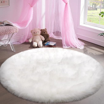 Tangsoo White Round Faux Fur Rugs, Sheepskin Round 3ft Soft Small Circle Rugs, 3x3 Fuzzy Plush Fur Rug, Shag Circular Rug Floor Carpet for Bedroom Kids Room, Nursery, Girls Room, Dorm