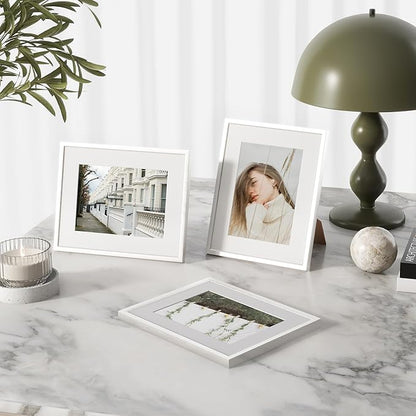 11x14 inch Metal Picture Frame - 11 x 14 Thin Aluminum Photo Frames with 8x10 Removable Mat - High Definition Plexiglass - Vertical and Horizontal Display - Wall Hook Hanging Hardware Included - Silver, Set of 4