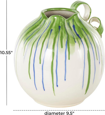 Deco 79 Ceramic Abstract Decorative Vase Centerpiece Vases with Green and Blue Drip Design and Handles, Flower Vases for Home Decoration 11" x 10" x 11", White