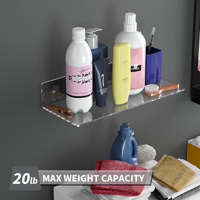 Sezanrpt 15 Inches Clear Acrylic Shelves, Wall Mounted Shelves for Bedroom, Wall Display Shelves for Collectibles, Funko Pop, Speaker, Plants, 2 Pack