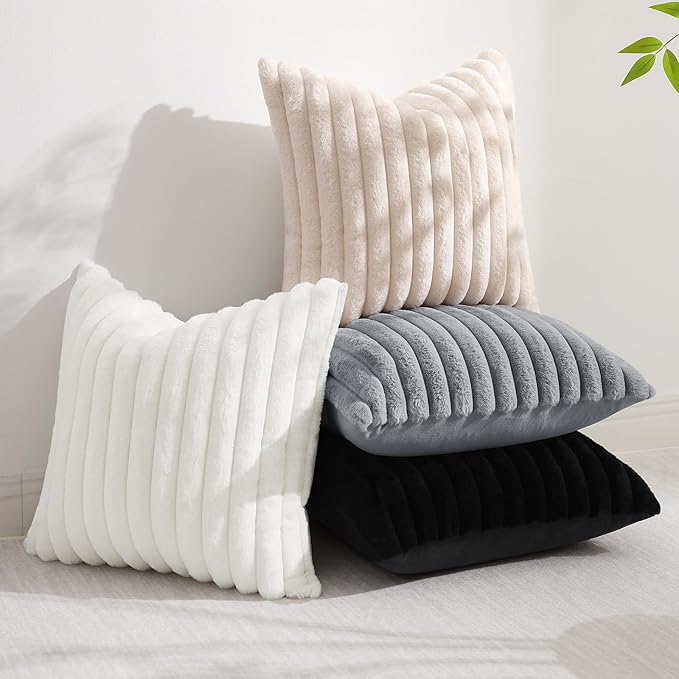 decorUhome Faux Fur Spring Throw Pillow Covers 26x26 Set of 2, Decorative Soft Plush Striped Neutral Couch Euro Sham Pillow Covers with Velvet Back for Sofa, Bed, Living Room Home, White