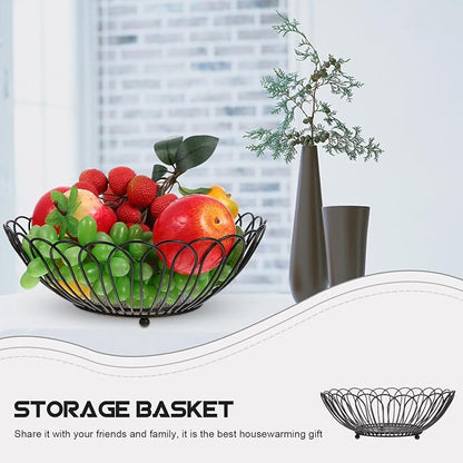 Angoily Fruit Basket, 11.59 Inches Wire Bread Basket for Kitchen Counter, Black Round Fruit Bowl for Lemon, Banana, Candy, Snack in Office