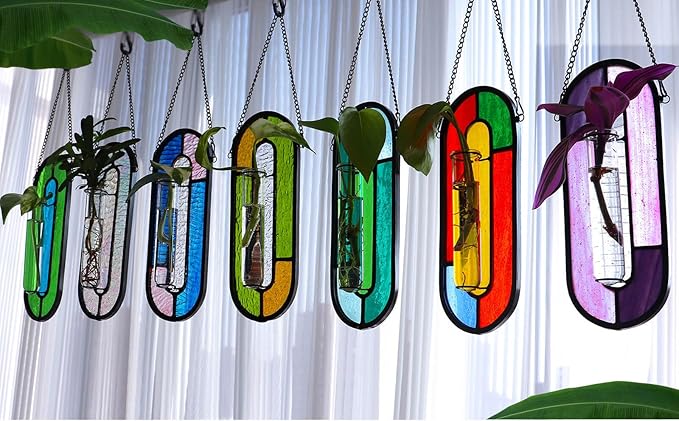 LITMIND Hanging Planter Terrarium with Vibrant Stained Glass Suncatcher Elements, Hydroponic Mini Plants Propagation Station - Perfect for Home & Garden Decor, Includes 2 Glass Propagation Tube