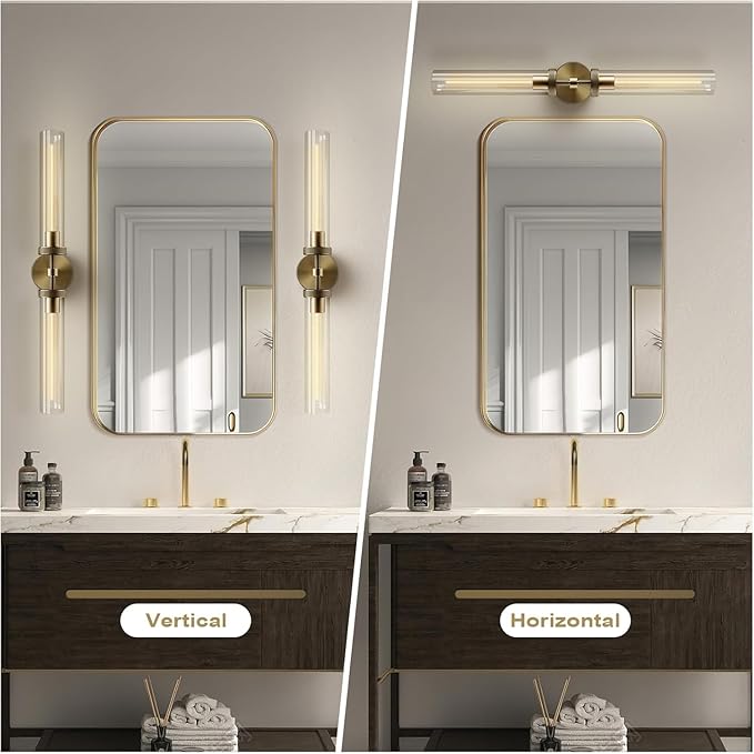 Brass Wall Sconces Set of 2, Bathroom Sconces Wall Lighting, Gold Sconces Wall Lighting with Clear Glass Wall Lamp,Wall Mount Lamps Wall Lights for Vanity Light Bedroom Living Room Hallway