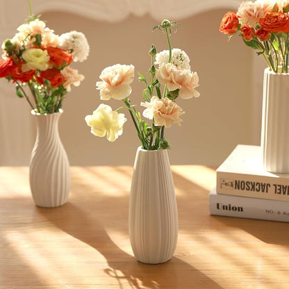 6 Pack Ceramic Bud Vases Set | 7" Roman Column-Inspired White Ceramic Vases with Textured Finish | Boho Modern Mini Vases for Home Decor, Fresh/Dried Flowers Centerpiece, Living Room Table Ornament