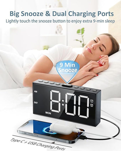 Alarm Clock for Bedroom Heavy Sleepers, Dual Alarms,Weekday/Weekend/Everyday,7.5''LED Large Display,5 Dimmer,Digital Clock with Snooze, 5 Volume,Type C & USB Chargers,Snooze,Battery Backup,Easy to Use