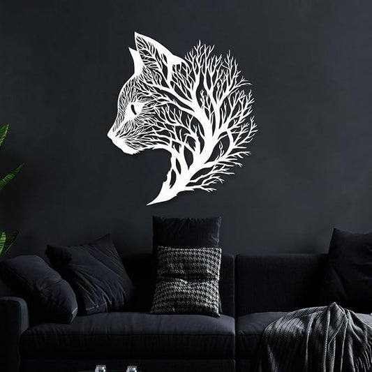huefoam Cat Metal Wall Art, Tree of Life Wall Art, Cat Wall Decor, Metal Tree Wall Decor for Living Room, Bedroom, Bathroom (White, 47"×42"/120×106cm, metal art wall decor)