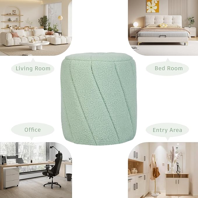 Modern Round Ottoman, Spiral-Tufted Foot Stool Ottoman, Teddy Fleece Upholstered Vanity Stool for Makeup, Bedroom, Living Room, Light Green