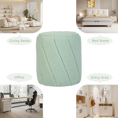 Modern Round Ottoman, Spiral-Tufted Foot Stool Ottoman, Teddy Fleece Upholstered Vanity Stool for Makeup, Bedroom, Living Room, Light Green