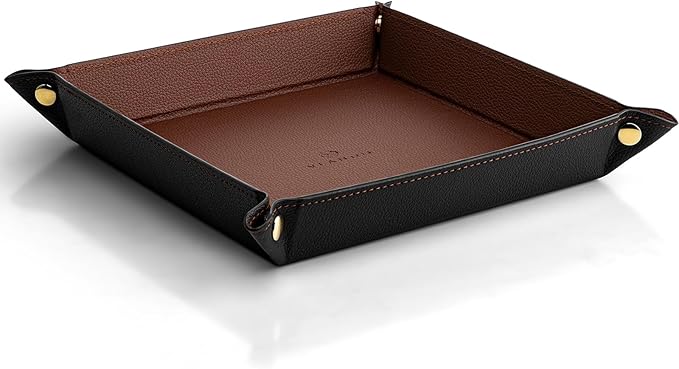 Vlando Valet Tray for Men Women, Nightstand Organizer Vanity Catchall Holder for Dresser Desk Storage Bedside, Travel PU Leather Jewelry Key Bowl Coin Watches and Candy Entryway Tray - Large, Brown