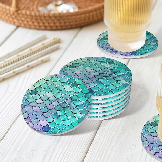 6 Pcs Ceramic Coasters with Holder Absorbent Drink Round Mermaid Fish Scales Design for Home Table Coffee Cup Wine Beer Bar,Size 4.4 inches