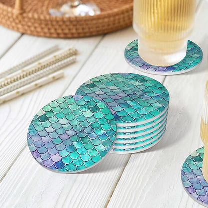 6 Pcs Ceramic Coasters with Holder Absorbent Drink Round Mermaid Fish Scales Design for Home Table Coffee Cup Wine Beer Bar,Size 4.4 inches