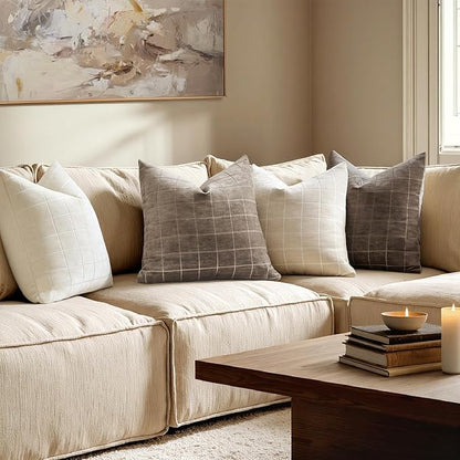 MIULEE Decorative Chenille Check Throw Pillow Covers Vintage Plaid Couch Pillows 20x20 Inch Set of 2 Neutral Boho Farmhouse Cushion Covers Modern Spring Home Decor for Sofa Bed Living Room Cream
