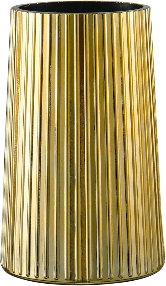 Gold Glass Vase for Flower, Flower Vase for Bouquet, Modern Glass Vases, Ribbed Vases for Living Room, Bedroom, Dining Table, Office, Wedding, Centerpieces, 8 Inches