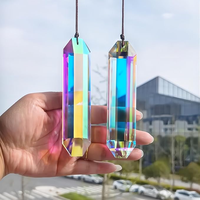 HDCRYSTALGIFTS 2PCS 5" Large Crystal Sun Catcher Prisms for Windows, AB Colored Hexagone Hanging Crystal Suncatchers, Rainbow Glass Ornaments for Christmas Tree,Home,Garden