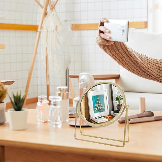 LONGSHENG - SINCE 2001 - Makeup Mirror Single Sided Vanity Mirror Vintage Metal Cosmetic Mirror Round Beauty Mirror Make Up Mirror 6.49inch for Dresser Vanity Table Desk - Gold
