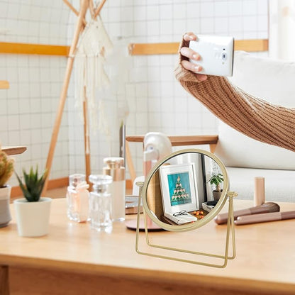 LONGSHENG - SINCE 2001 - Makeup Mirror Single Sided Vanity Mirror Vintage Metal Cosmetic Mirror Round Beauty Mirror Make Up Mirror 6.49inch for Dresser Vanity Table Desk - Gold