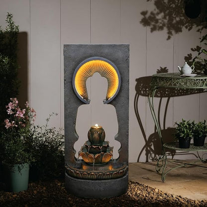 35.43" Zen Buddha Outdoor Fountain with Hollow Center — Zen Fountain Waterfall Feature for Garden, Patio & Yard — Soothing Sound, Warm LED Lights, Durable Weather-Resistant Decor