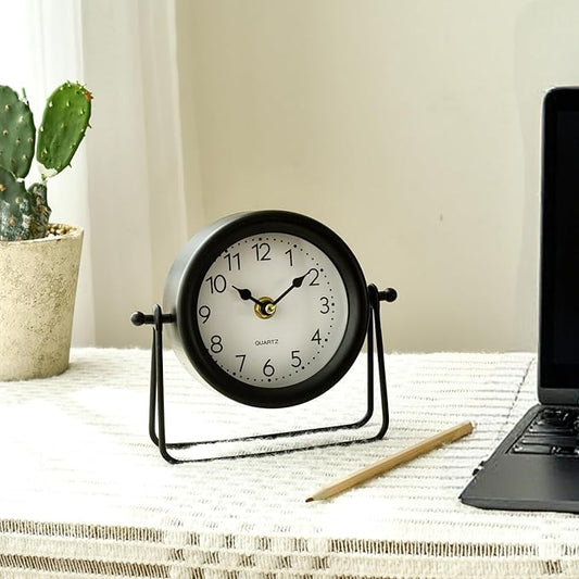 Small Black Desk and Shelf Clock, 5.9*6.9 Inch Retro Elegant Tabletop Clock with Glass Cover, Silent Non-Ticking Battery Operated Decorative Clock for Living Room, Office, Bedroom, Gift Idea