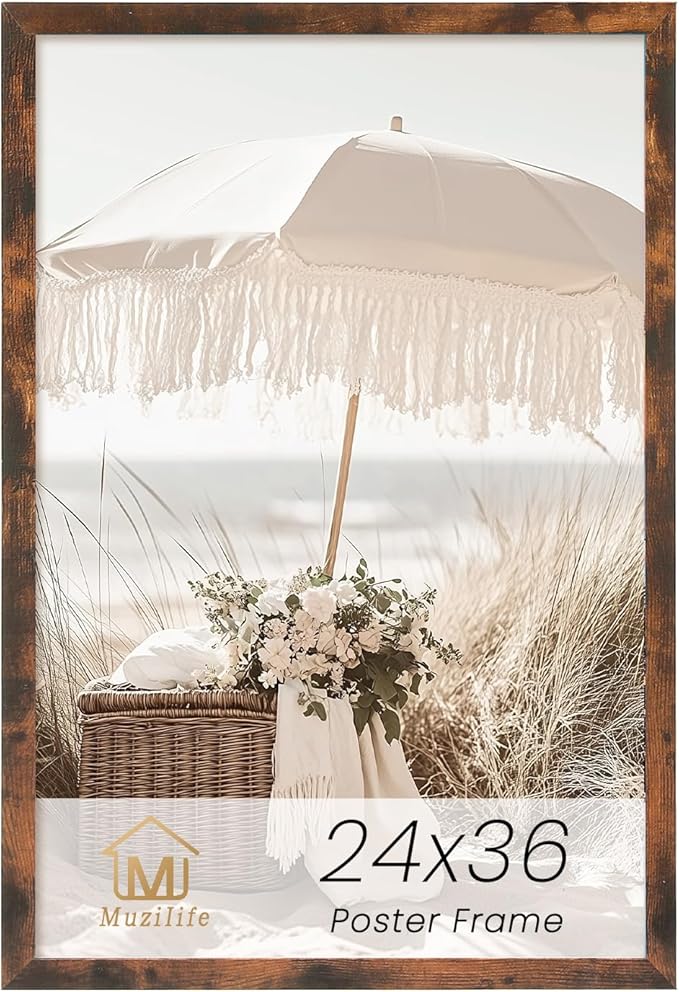 Muzilife 24×36" Large Poster Frame 1 Pack, Engineered Wood Movie Poster Picture Frames with HD Plexiglass Cover and Hanging Hardware for Horizontal or Vertical, Honey Brown