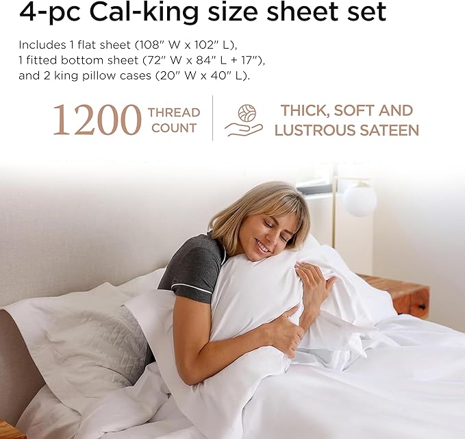 Threadmill Supima Cotton Sheets, 1200 Thread Count 100% Cotton Sheets for Cal King Size Bed, 4 Pc White Cal King Bed Sheets Set, 5-Star Hotel Quality with Elasticized Deep Pocket King
