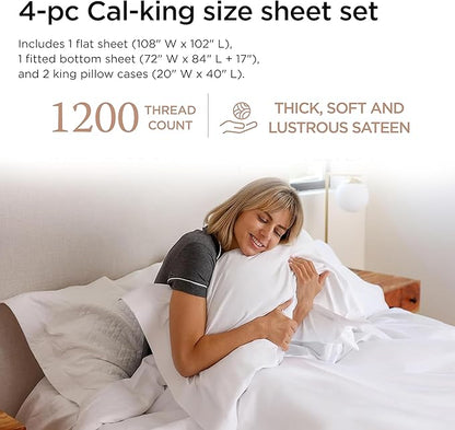 Threadmill Supima Cotton Sheets, 1200 Thread Count 100% Cotton Sheets for Cal King Size Bed, 4 Pc White Cal King Bed Sheets Set, 5-Star Hotel Quality with Elasticized Deep Pocket King