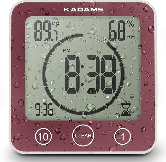 KADAMS Shower Clock Waterproof Bathroom Timer – Digital Wall Clock with Countdown, Magnetic Kitchen Clock with Temperature & Humidity, Suction Cup for Kids Shower Spa Cook Bath (Rose)