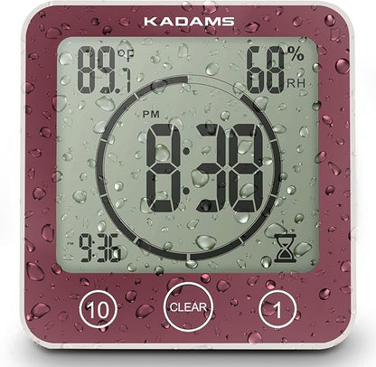 KADAMS Shower Clock Waterproof Bathroom Timer – Digital Wall Clock with Countdown, Magnetic Kitchen Clock with Temperature & Humidity, Suction Cup for Kids Shower Spa Cook Bath (Rose)