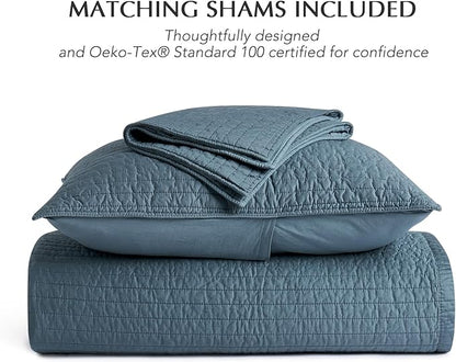 EVERGRACEHOME Cotton Sateen Quilt Set Queen Size, Pre-Washed Cotton Channel Stitch Coverlet Bedspread, 3 Pieces Lightweight Soft Bedding Sets for All Season, with 2 Pillow Shams, Sonoma Blue