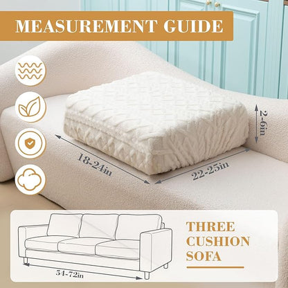 3 Pcs Jacquard Couch Cushion Covers for Sofa Stretch Plush Soft Seat Cover Washable Sofa Slip Covers with Elastic Bottom Modern Boho Furniture Protector for Sectional Slipcovers(Cream)