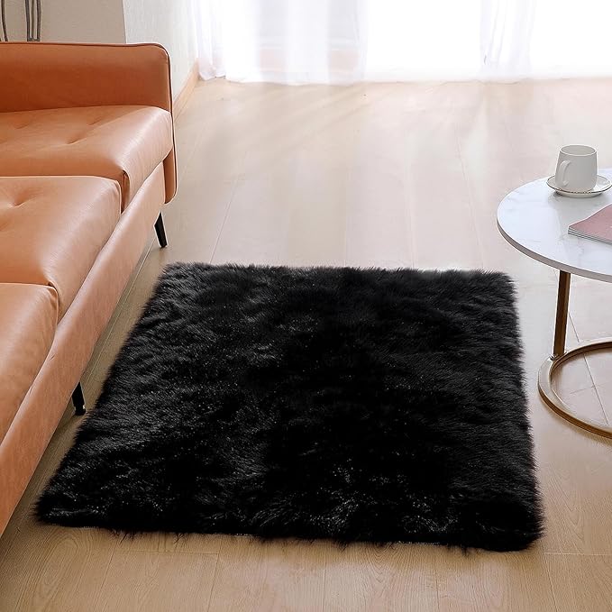 Faux Fur Rug Sheepskin Shag Fluffy Fuzzy Black 3x4 ft Rugs for Bedroom Bedside Bed Floor Living Room Plush Rectangle High-Density Cushion Carpet Super Sofa Cover
