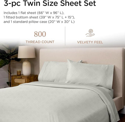Threadmill Twin Sheets for Twin Mattress | 800 Thread Count Jacquard Celine Light Grey Sheet | 100% Cotton 3 Piece Bed Sheets | Extra Long Staple Cotton | Cotton Sheets with Elasticized Deep Pocket