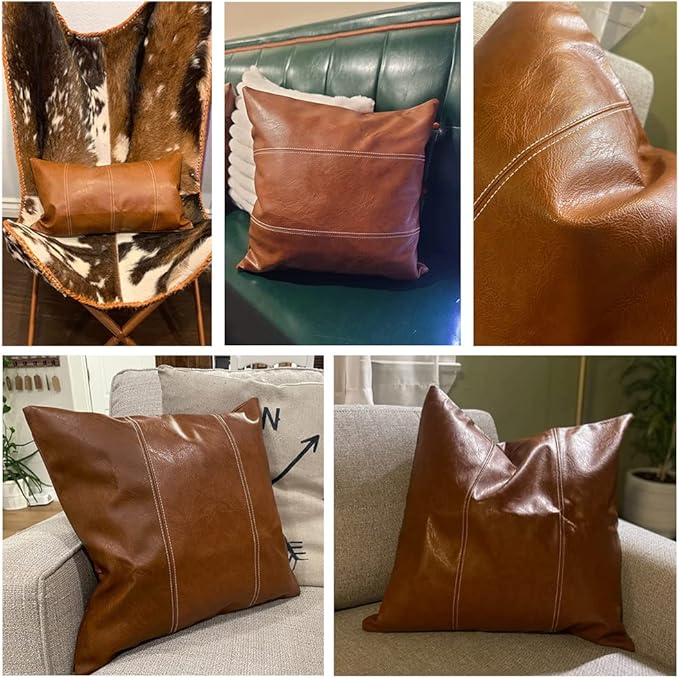 Fancy Homi 2 Packs Boho Brown Waterproof Faux Leather Decorative Throw Pillow Covers 18x18 Inch for Outdoor Couch Bed Sofa, Hand Stitched Accent Square Cushion Case, Rustic Modern Farmhouse Home Decor