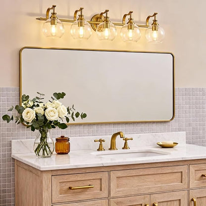 ANDY STAR Brushed Gold Bathroom Light Fixtures, 5-Light Vanity Lights for Mirror, 35 Inch Modern Wall Sconces Lighting with Globe Clear Shade Up or Down Wall Mounted for Bedroom, Living Room, Hallway