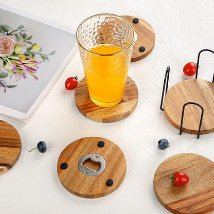 Wood Coasters for Drinks with Bottle Opener Holder Set of 6, Acacia Wooden Cup Coaster for Coffee Table Dining Table Desk with Non-Slip Pad for Dad Home Office Christmas Decor 4 Inch