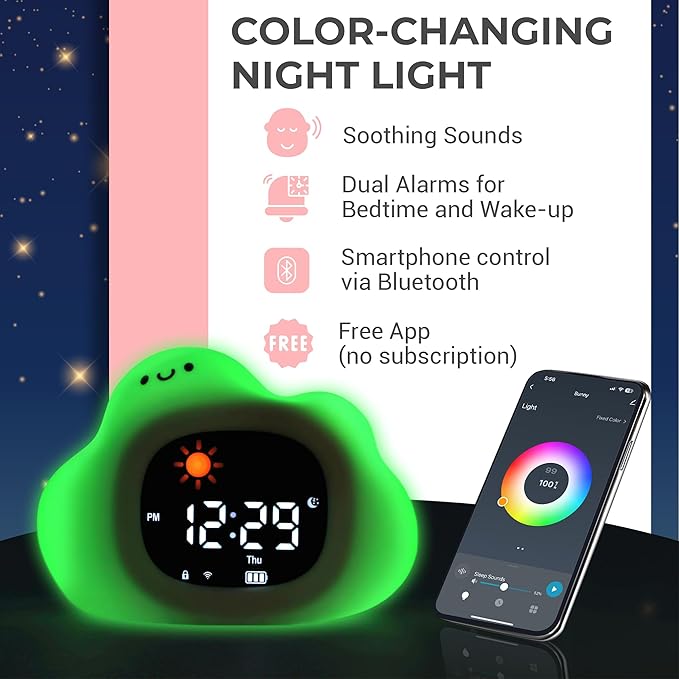 App-Controlled Kids Sleep Trainer – Color-Changing Night Light Alarm Clock with Sounds, OK-to-Wake Toddler Clock, USB-C Corded with Backup Battery, Gift for Boys & Girls - Cloud Alarm Clock for Kids
