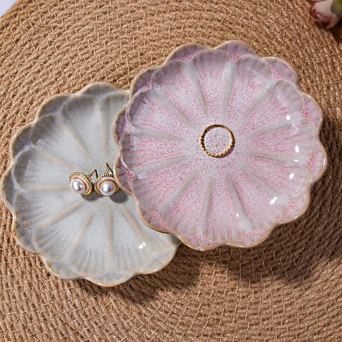 Ceramic Ring Dish Holder Jewelry Tray Trinket Tray Vintage Lotus Shaped Small Decorative Jewelry Dish for Dressing Tables Earring Organizer (White and Pink)