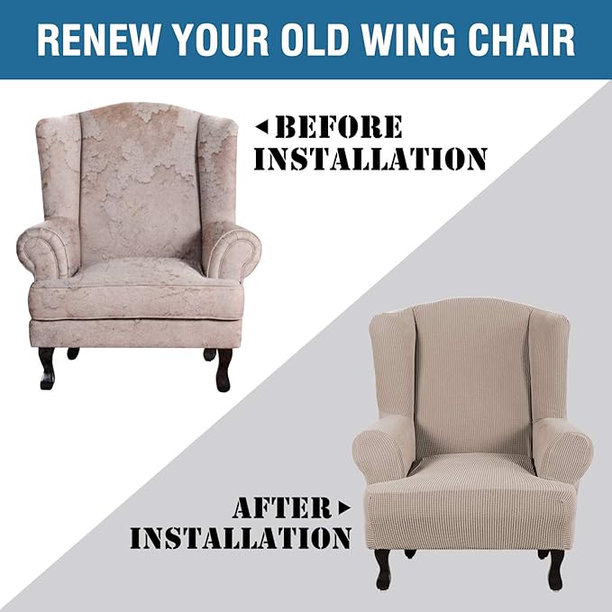 H.VERSAILTEX Wing Chair Slipcover Chair Covers for Wingback Chairs Wingback Chair Covers Slipcovers 1 Piece Stretch Sofa Cover Furniture Protector Soft Spandex Jacquard Checked Pattern, Sand