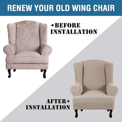 H.VERSAILTEX Wing Chair Slipcover Chair Covers for Wingback Chairs Wingback Chair Covers Slipcovers 1 Piece Stretch Sofa Cover Furniture Protector Soft Spandex Jacquard Checked Pattern, Sand