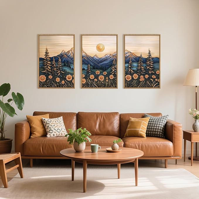 Aryroi Vintage Woodcut Style Mountain Framed Canvas Wall Art Set, Natural Forest Pine Tree Sunflower Wall Decor,Abstract Sunrise Botanical Landscape Artwork for Living Room,Bedroom,Office-24 x36 x3