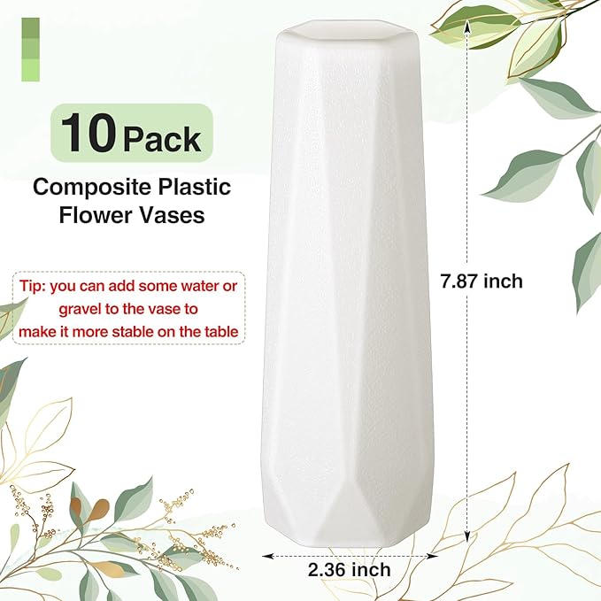 10 Pack Composite Plastic Flower Vases Bulk White Small Boho Floral Vases for Dried Flower Bouquet Pampas Grass Centerpieces Fall Wedding Party Living Room Decor(Classic)