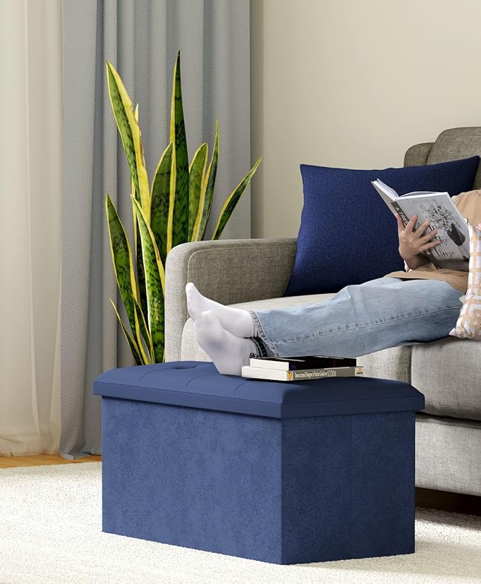 Folding Storage Ottoman Bench, Multi-Functional Ottoman Foot Rest, End of Bed Bench, Storage Chest for Living Room, Bedroom, Hallway, Entryway, Holds Up to 600 lbs (Navy Blue, 30 Inches)